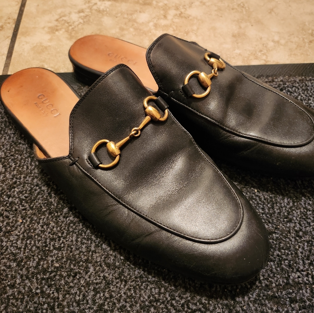 Gucci Black Leather Horsebit Mules with Gold Hardware